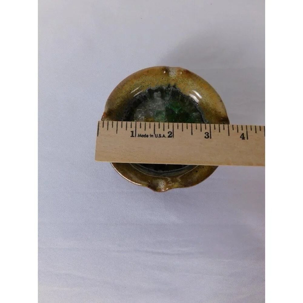Vintage Crushed Glass Ceramic Ashtray Brown Green Multicolor Pottery Retro Decor